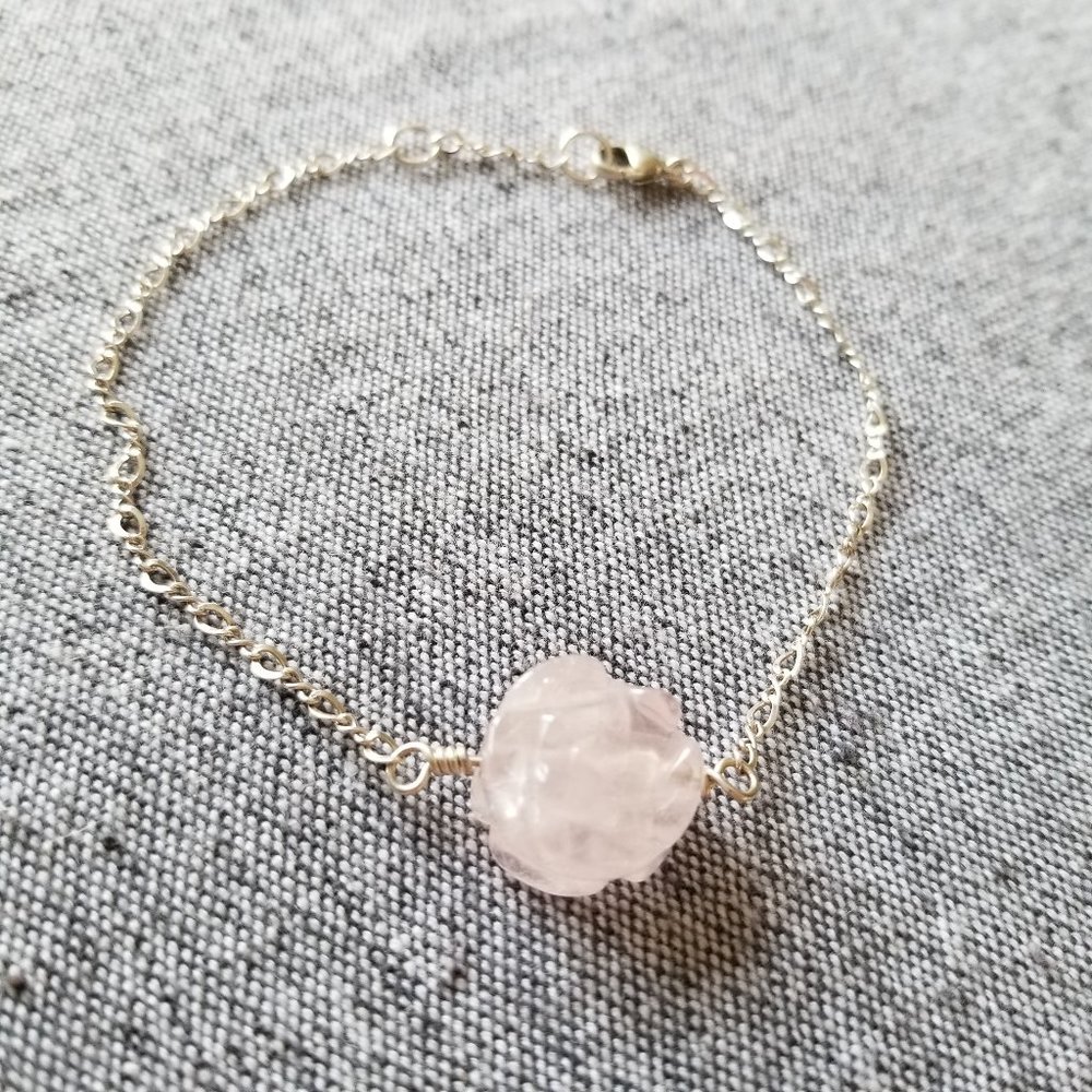 Beautiful carved rose quartz gemstone sterling silver bracelet
